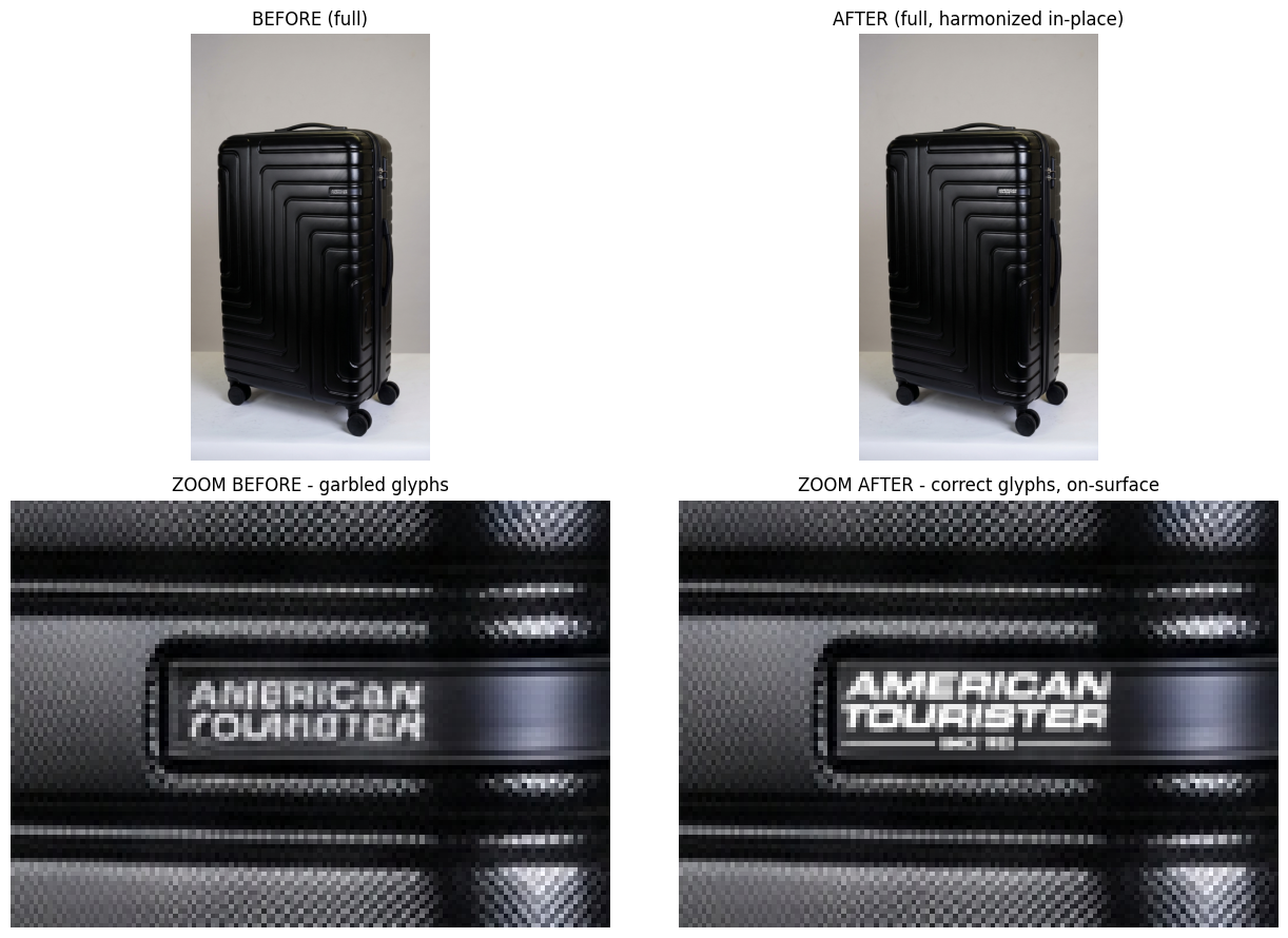 Before and after of a suitcase badge repair, with a zoomed crop showing garbled glyphs corrected to a legible wordmark